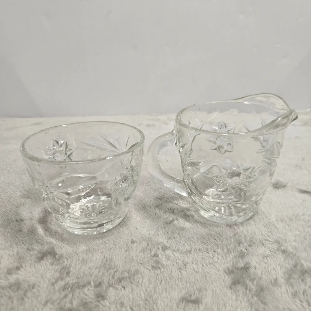 Vintage Clear Pressed Glass Creamer and Sugar Bowl Set Starburst Pattern